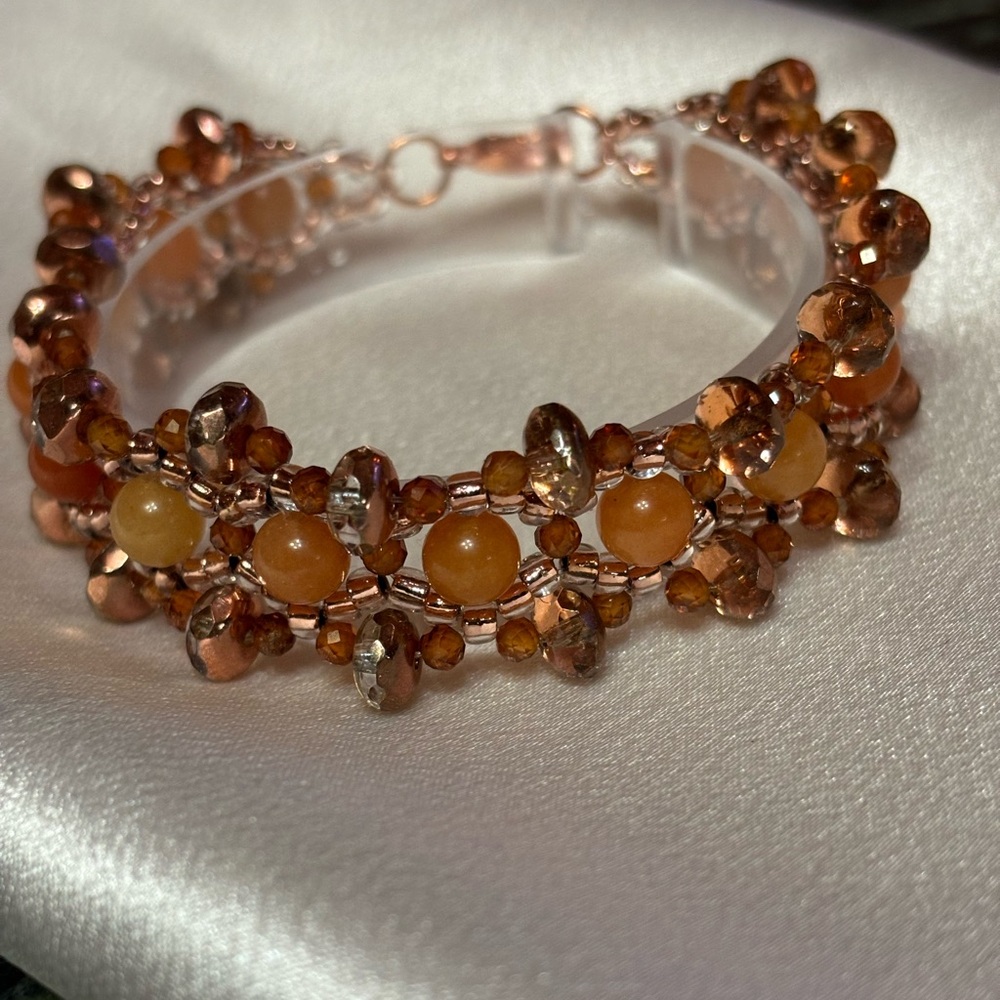 Genuine Peach Moonstone Beaded bracelet with orange garnet stones 7.5 inches